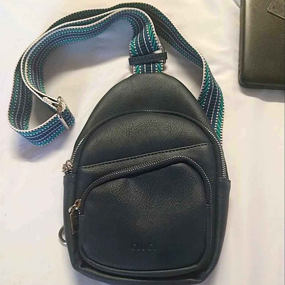 Women's CLUCI Navy Blue Sling Bag Crossbody Purse Guitar Strap Handle Zip Close